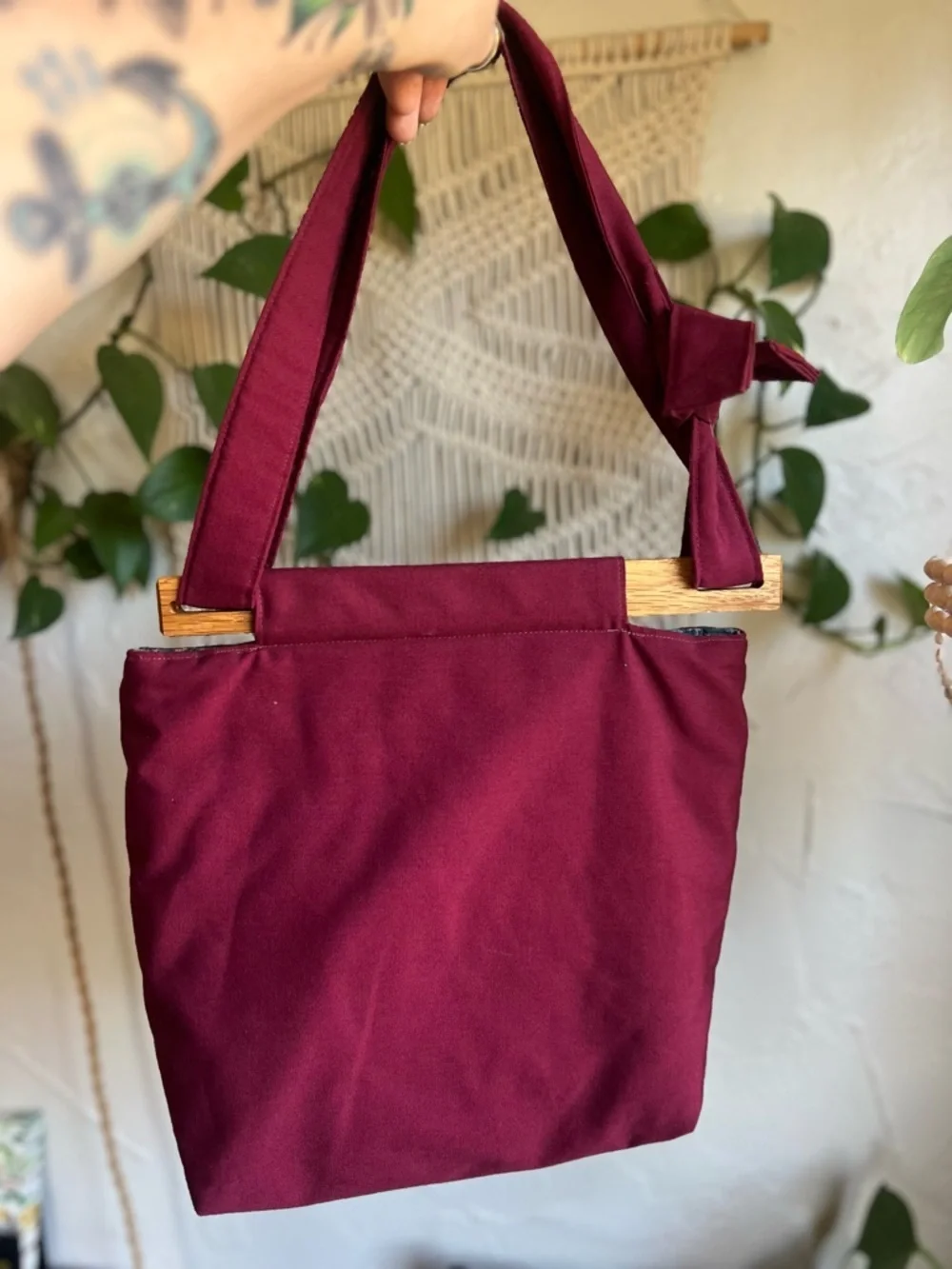 Vintage Handmade Quilted Tote Bag Cottagecore Boho Patchwork Wood Handle